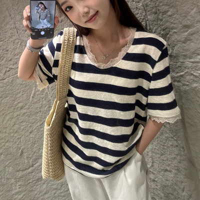 DW夏季高级条纹百搭蕾丝拼接边V领宽松百搭显瘦短袖上衣7725