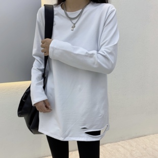 DW秋冬季加绒下摆破洞长袖T恤女白色t百搭打底衫女中长款宽松上衣