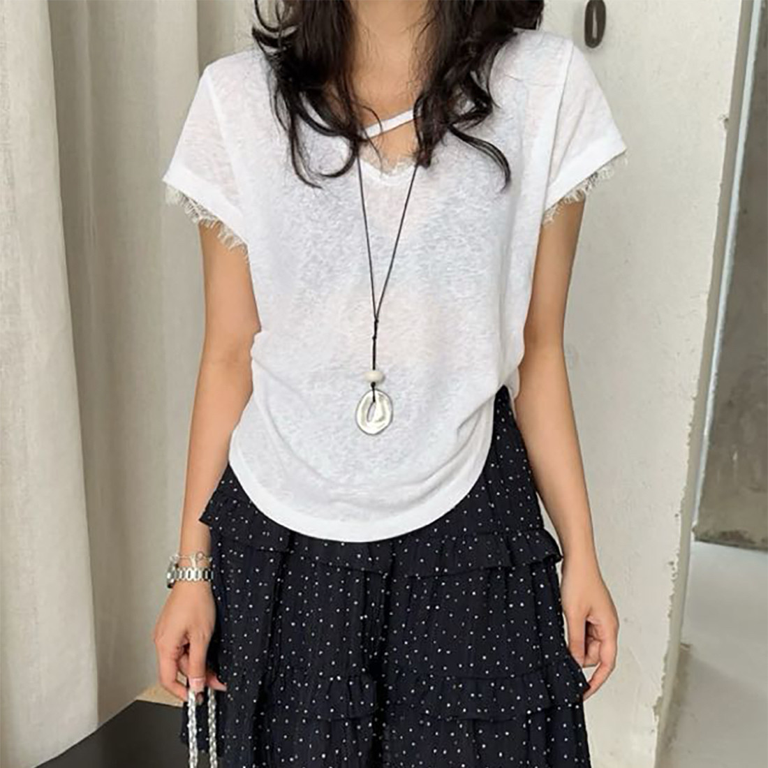 法式短款蕾丝边小飞袖雪花棉T恤女显瘦收腰上衣夏季韩版8567