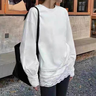 DW欧货春秋高级设计百搭加绒蕾丝拼接T恤2025气质打底衫 上衣7501