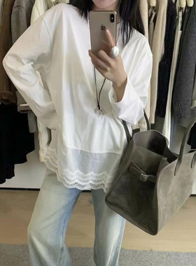 DW2025秋冬百搭纯棉内搭T洋气新款叠穿长袖T恤白色下拼蕾丝边7375