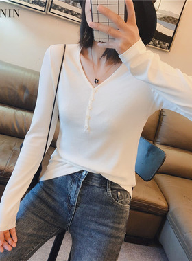2025春秋新款韩版修身纽扣V领弹力长袖打底衫T恤女装上衣潮DW5155