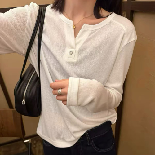 秋季新款百搭洋气剪刀领V领宽松显瘦长袖打底T恤衫女潮8778