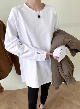 DW秋冬加绒刺绣百搭洋气开白色T恤女中长款宽松长袖打底衫7078