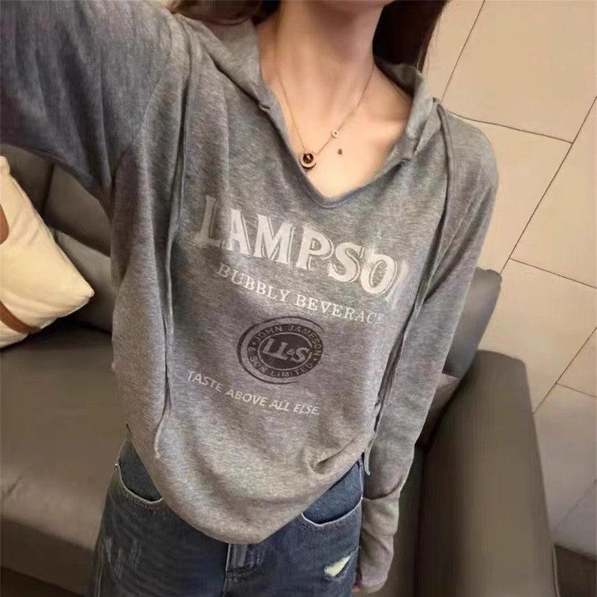 DW2025早秋新款洋气时尚百搭连帽高级感字母长袖T恤女上衣7882