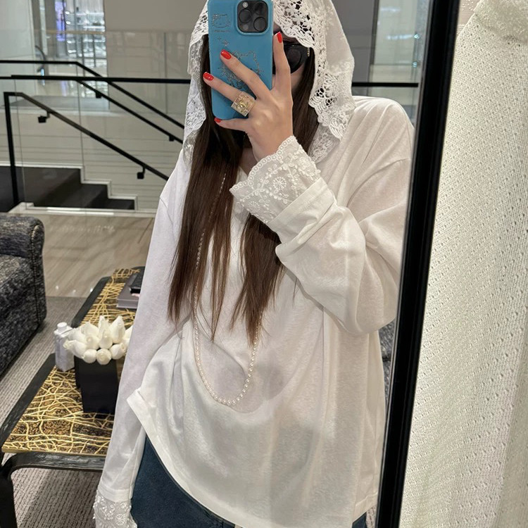 DW春秋白色长袖t恤女宽松蕾丝帽衫套头衬衫罩衫打底衫上衣7527
