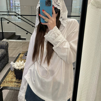 DW2025秋白色长袖t恤女宽松蕾丝帽衫套头衬衫罩衫打底衫上衣7527