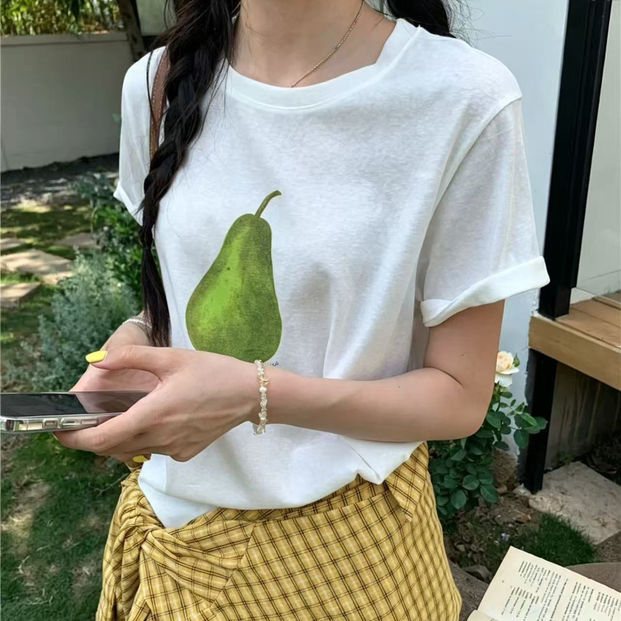 韩系洋气穿搭雪梨印花短袖T恤女夏季薄款宽松半袖体恤上衣8550