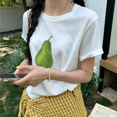 韩系洋气穿搭雪梨印花短袖T恤女夏季薄款宽松半袖体恤上衣8550