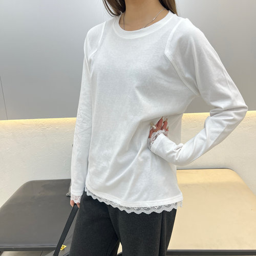 高级洋气圆领蕾丝下摆T恤女春秋新款百搭显瘦打底衫上衣7484