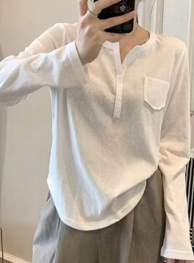 DW2026早春洋气圆领剪刀口半开扣长袖T恤打底衫女雪花棉柔软8179