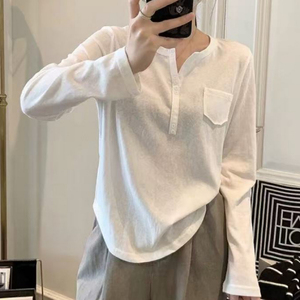 DW2026春秋洋气圆领剪刀口半开扣长袖T恤打底衫女雪花棉柔软8179