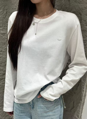 白色纯棉长袖T恤女2025秋季设计感简约风圆领内搭打底衫上衣7453