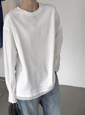 DW早春衬衫袖拼接蕾丝长袖T恤女2026时尚宽松百搭内搭上衣8271