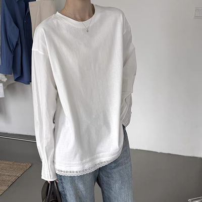 DW早春衬衫袖拼接蕾丝长袖T恤女2026时尚宽松百搭内搭上衣8271