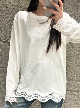 洋气白色圆领长袖蕾丝拼接T恤女2025秋新款宽松打底上衣7526