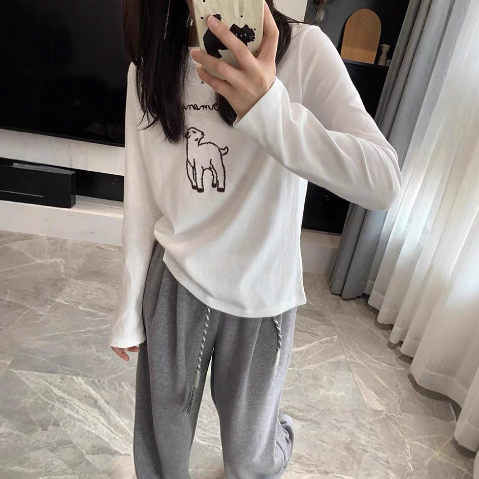 高品质刺绣小羊长袖春秋内搭白色圆领百搭纯棉打底T恤女7455