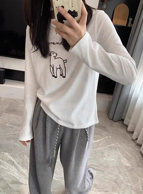 高品质刺绣小羊长袖2025春秋内搭白色圆领百搭纯棉打底T恤女7455