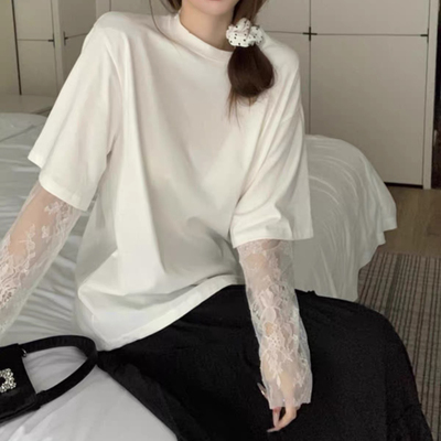 DW2026春款韩味气质穿搭蕾丝拼接长袖t恤女假两件打底衫上衣8308