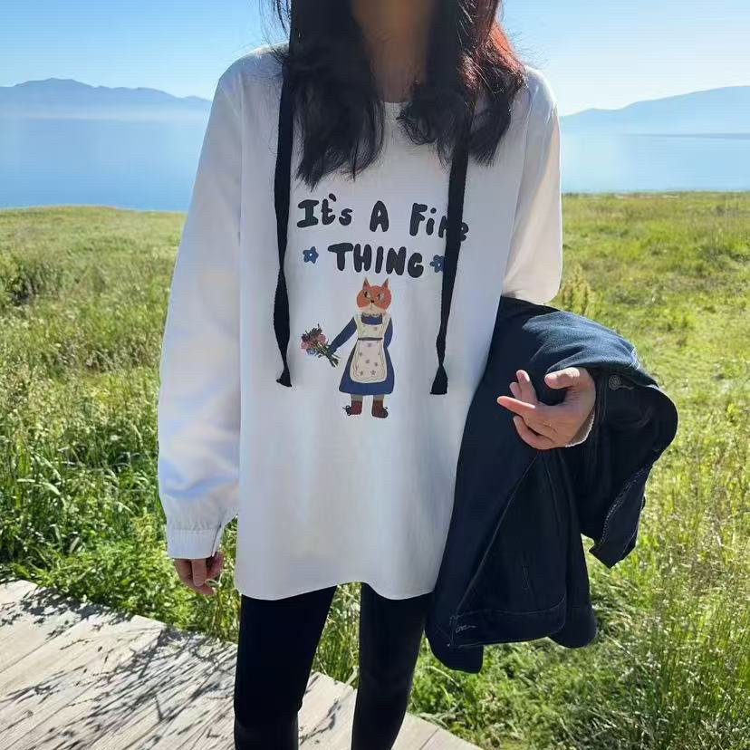 DW2025秋冬拼衬衣宽松显瘦休闲百搭卡通字母印花长袖T恤女7884