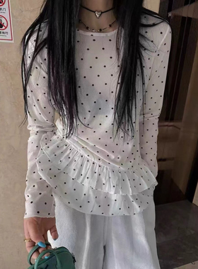 DW2025早春欧货时尚波点下摆木耳边百搭网纱T恤叠穿打底衫女7636