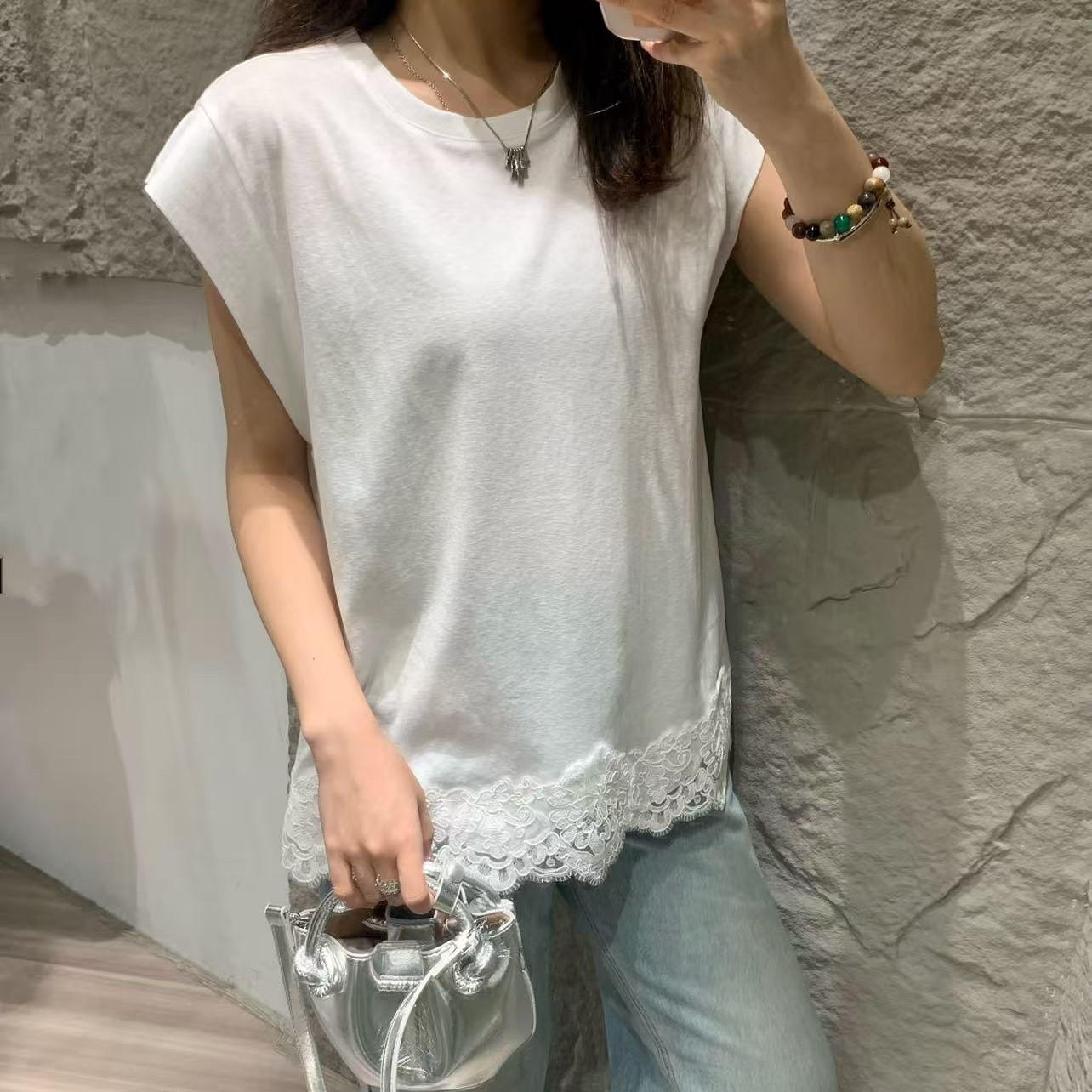 2026好欧货纯色蕾丝花边坎肩袖T恤韩版宽松显瘦百夏7802