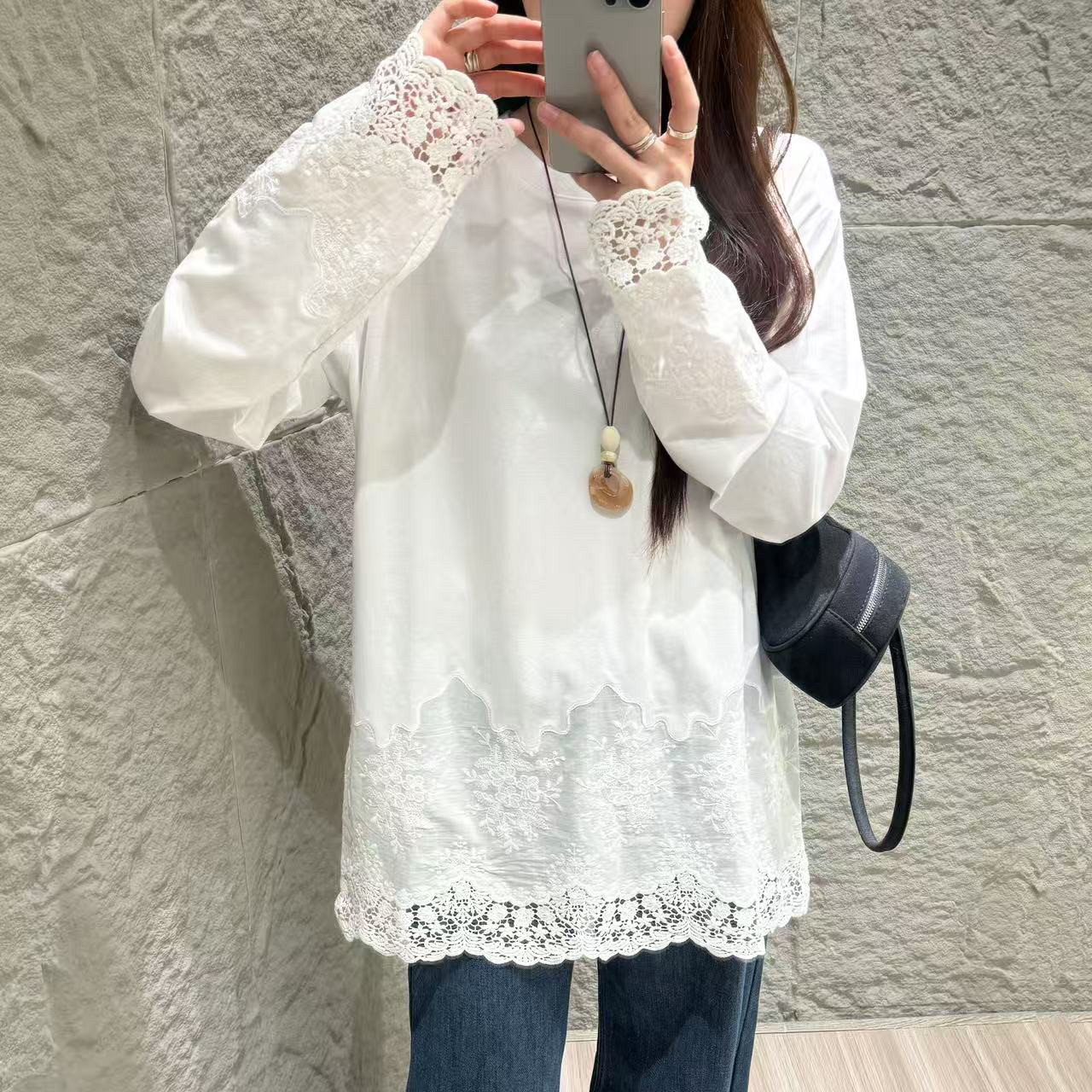 DW重工艺刺绣蕾丝拼接中长款T恤女2026春季新款宽松遮肉上衣8296,女装/女士精品,T恤,淘宝优惠券,粉丝福利购,淘宝优惠卷