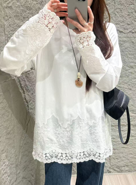 DW重工艺刺绣蕾丝拼接中长款T恤女2026春季新款宽松遮肉上衣8296