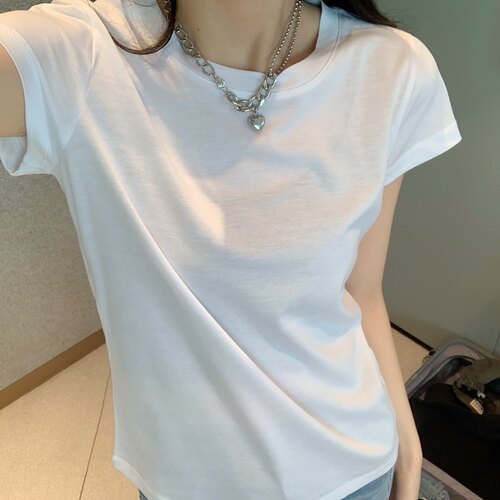 DW正品春夏季百搭白色圆领丝光棉修身上衣新款百搭短袖T恤女763