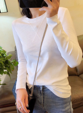 DW2025秋新款长袖t恤女纯棉白色简约女装打底衫黑色修身上衣显瘦