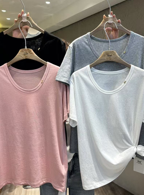 DW纯色百搭简约圆领短袖T恤女2025年夏季新款慵懒风宽松上衣7755