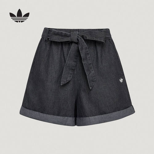 adidas阿迪达斯三叶草热裤2026秋女休闲棉质黑色牛仔短裤 LF4601