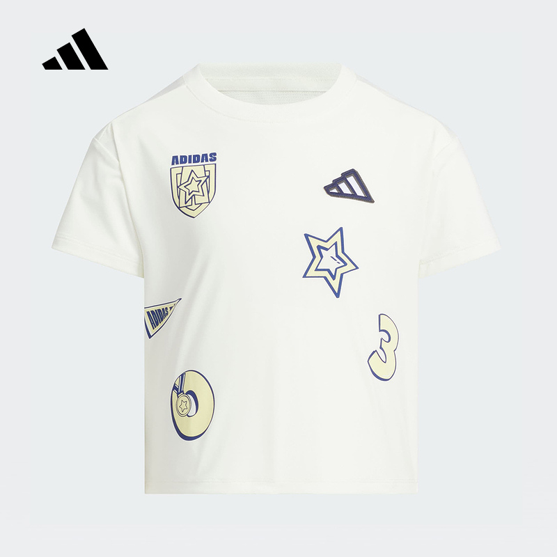 阿迪达斯童装2025夏季新品男女童舒适休闲运动短袖圆领T恤JM3438