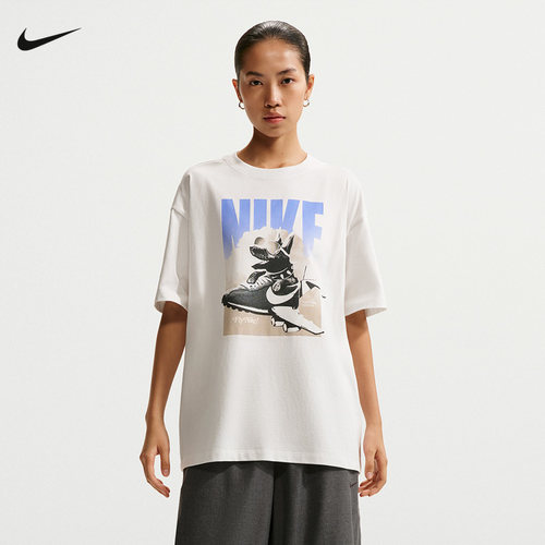 NIKE耐克女子印花T恤夏季宽松棉质上衣休闲短袖针织衫IR7588-121