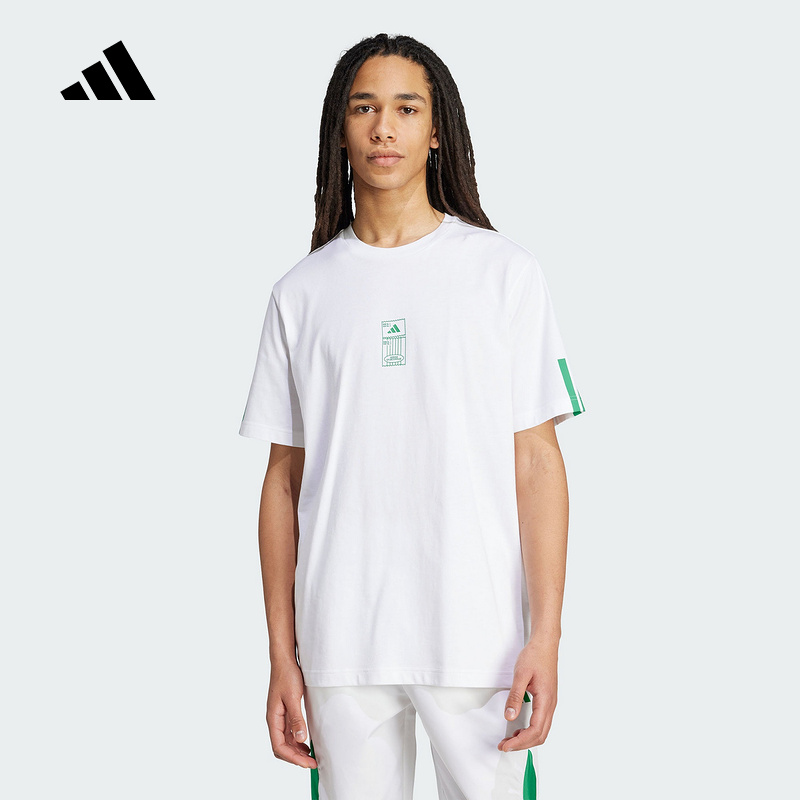 adidas阿迪达斯白绿清新风上衣2025秋男篮球风棉质短袖T恤 JM6473