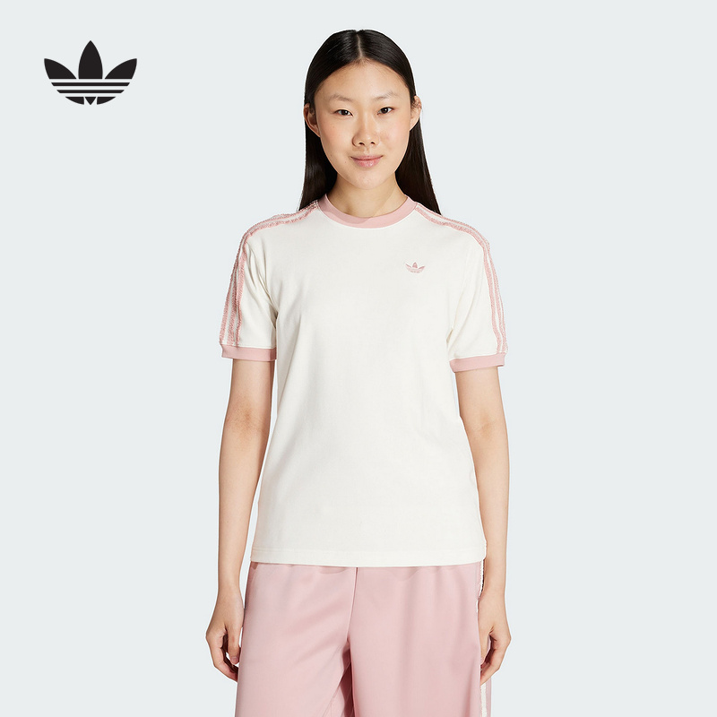 adidas阿迪达斯三叶草白粉半截袖2025秋女褶边设计短袖T恤 KC8821