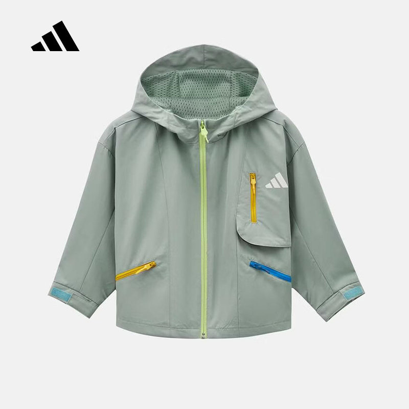 adidas阿迪达斯防风连帽外套2026春男大童保暖宽松梭织夹克KW1199