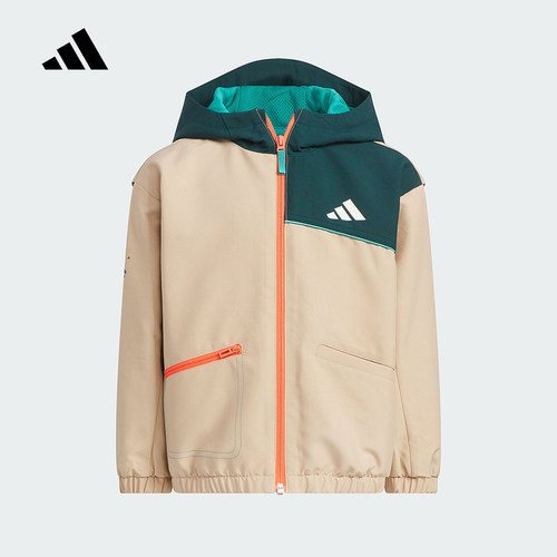 adidas阿迪达斯拒水机能风连帽外套25新款男女小童梭织夹克KC5327