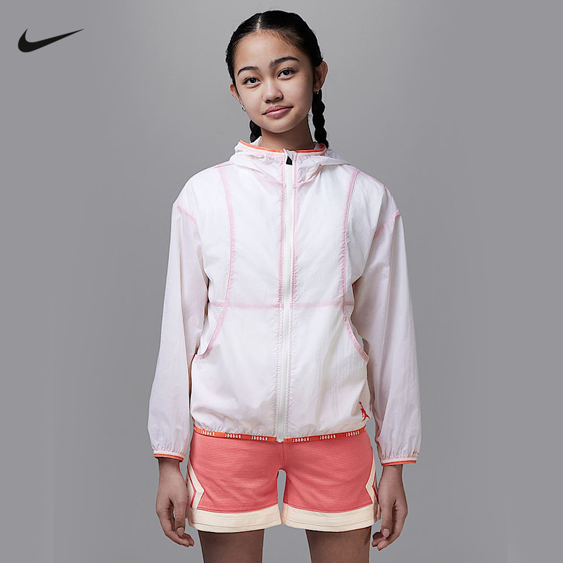 Jordan耐克女童大童轻薄梭织夹克夏季运动休闲连帽外套II3556-100