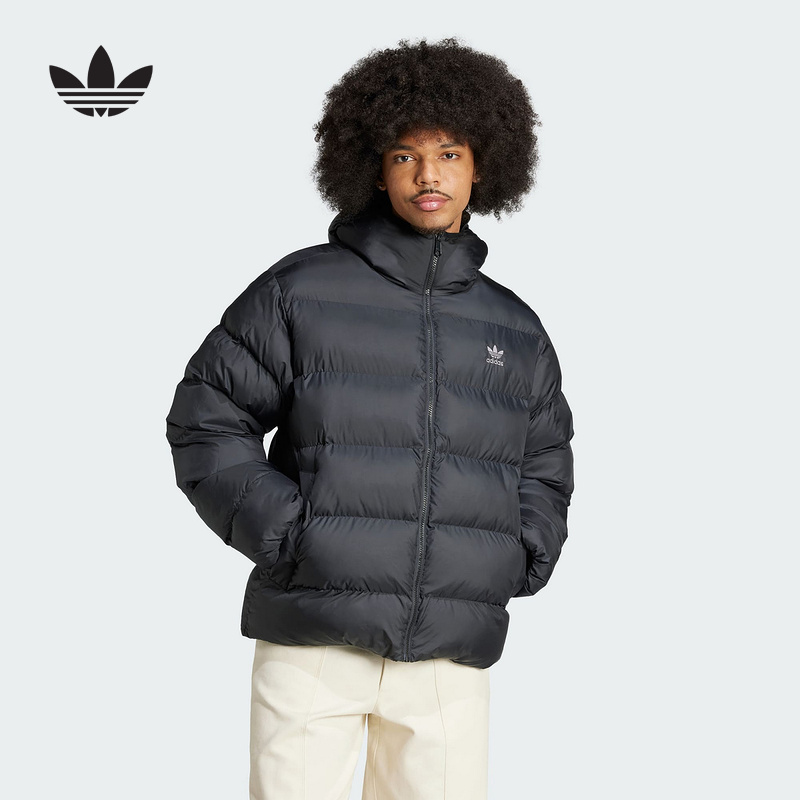 adidas阿迪达斯三叶草棉服男2024冬季新款黑色保暖连帽外套