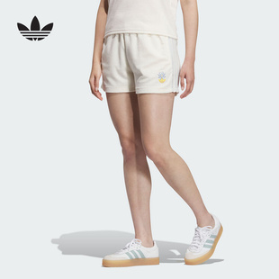 花朵刺绣2025夏女针织短裤 adidas阿迪达斯三叶草跑步三分裤 KE5079