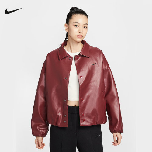 Nike耐克立领外套女春秋新款刺绣小标黑色休闲皮衣夹克IO0477-677