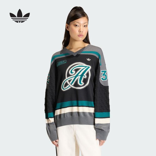 adidas阿迪达斯三叶草宽松套头衫毛衣2026春女V领针织衫 KS6459