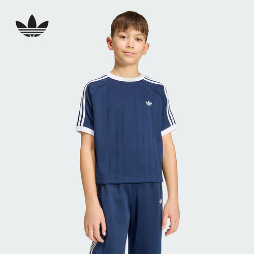 adidas阿迪达斯三叶草大童短款细条纹T恤运动宽松短袖上衣 HZ9636