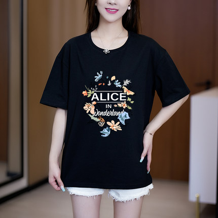 夏季新款小清新蝴蝶花瓣印花短袖女夏2025年新款大版休闲宽松减龄