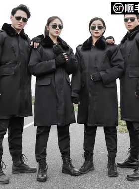 盾郎军大衣男女冬季加厚保暖防寒服黑色棉衣可拆洗毛领长款棉袄