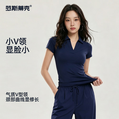 运动上衣女短袖polo衫网球服夏季跑步透气健身训练修身显瘦瑜伽服