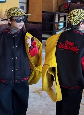 蓝钰25秋冬新品韩国童装中小童男童黑色毛呢拼皮加厚夹棉棒球棉服