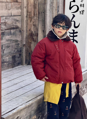 蓝钰25冬新品韩国童装中小童男童红色年服毛领加厚短款棉服外套