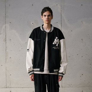 复古街头拼皮撞色贴皮刺绣棒球服夹克男女同款 MOKACME 2022AW新品
